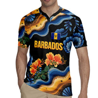 Barbados Floral Wave Rugby Jersey with Tropical Hibiscus Print Black and Gold - Wonder Print Shop