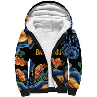 Barbados Floral Wave Sherpa Hoodie with Tropical Hibiscus Print Black and Gold - Wonder Print Shop