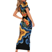 Barbados Floral Wave Short Sleeve Bodycon Dress with Tropical Hibiscus Print Black and Gold - Wonder Print Shop