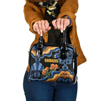 Barbados Floral Wave Shoulder Handbag with Tropical Hibiscus Print Black and Gold - Wonder Print Shop