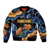 Barbados Floral Wave Sleeve Zip Bomber Jacket with Tropical Hibiscus Print Black and Gold - Wonder Print Shop