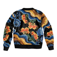Barbados Floral Wave Sleeve Zip Bomber Jacket with Tropical Hibiscus Print Black and Gold - Wonder Print Shop