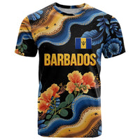 Barbados Floral Wave T Shirt with Tropical Hibiscus Print Black and Gold - Wonder Print Shop