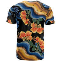 Barbados Floral Wave T Shirt with Tropical Hibiscus Print Black and Gold - Wonder Print Shop