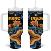 Barbados Floral Wave Tumbler With Handle with Tropical Hibiscus Print Black and Gold - Wonder Print Shop