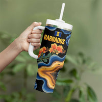 Barbados Floral Wave Tumbler With Handle with Tropical Hibiscus Print Black and Gold - Wonder Print Shop