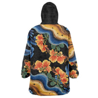 Barbados Floral Wave Wearable Blanket Hoodie with Tropical Hibiscus Print Black and Gold - Wonder Print Shop