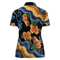 Barbados Floral Wave Women Polo Shirt with Tropical Hibiscus Print Black and Gold - Wonder Print Shop