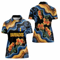 Barbados Floral Wave Women Polo Shirt with Tropical Hibiscus Print Black and Gold - Wonder Print Shop