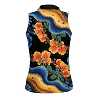 Barbados Floral Wave Women Sleeveless Polo Shirt with Tropical Hibiscus Print Black and Gold - Wonder Print Shop