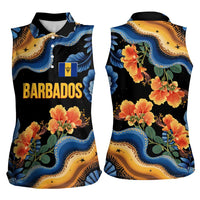 Barbados Floral Wave Women Sleeveless Polo Shirt with Tropical Hibiscus Print Black and Gold - Wonder Print Shop