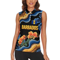 Barbados Floral Wave Women Sleeveless Polo Shirt with Tropical Hibiscus Print Black and Gold - Wonder Print Shop