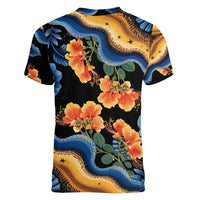 Barbados Floral Wave Women V-Neck T-Shirt with Tropical Hibiscus Print Black and Gold - Wonder Print Shop