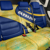 Barbados Flag Back Car Seat Cover Blue and Yellow with Trident and Tropical Leaf Pattern - Wonder Print Shop