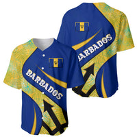 Barbados Flag Baseball Jersey Blue and Yellow with Trident and Tropical Leaf Pattern - Wonder Print Shop