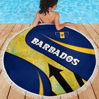 Barbados Flag Beach Blanket Blue and Yellow with Trident and Tropical Leaf Pattern - Wonder Print Shop