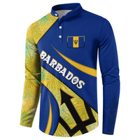 Barbados Flag Button Sweatshirt Blue and Yellow with Trident and Tropical Leaf Pattern - Wonder Print Shop
