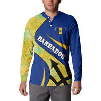 Barbados Flag Button Sweatshirt Blue and Yellow with Trident and Tropical Leaf Pattern - Wonder Print Shop