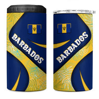 Barbados Flag 4 in 1 Can Cooler Tumbler Blue and Yellow with Trident and Tropical Leaf Pattern - Wonder Print Shop