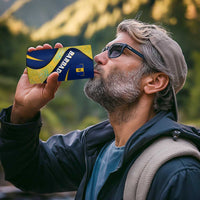 Barbados Flag 4 in 1 Can Cooler Tumbler Blue and Yellow with Trident and Tropical Leaf Pattern - Wonder Print Shop