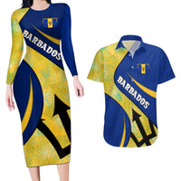 Barbados Flag Couples Matching Long Sleeve Bodycon Dress and Hawaiian Shirt Blue and Yellow with Trident and Tropical Leaf Pattern - Wonder Print Shop