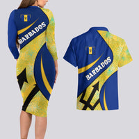 Barbados Flag Couples Matching Long Sleeve Bodycon Dress and Hawaiian Shirt Blue and Yellow with Trident and Tropical Leaf Pattern - Wonder Print Shop