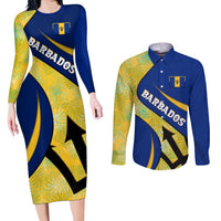 Barbados Flag Couples Matching Long Sleeve Bodycon Dress and Long Sleeve Button Shirt Blue and Yellow with Trident and Tropical Leaf Pattern - Wonder Print Shop