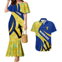 Barbados Flag Couples Matching Mermaid Dress and Hawaiian Shirt Blue and Yellow with Trident and Tropical Leaf Pattern - Wonder Print Shop