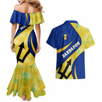 Barbados Flag Couples Matching Mermaid Dress and Hawaiian Shirt Blue and Yellow with Trident and Tropical Leaf Pattern - Wonder Print Shop