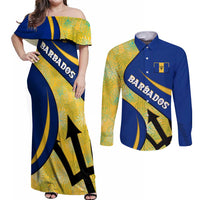 Barbados Flag Couples Matching Off Shoulder Maxi Dress and Long Sleeve Button Shirt Blue and Yellow with Trident and Tropical Leaf Pattern - Wonder Print Shop