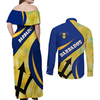 Barbados Flag Couples Matching Off Shoulder Maxi Dress and Long Sleeve Button Shirt Blue and Yellow with Trident and Tropical Leaf Pattern - Wonder Print Shop