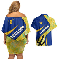Barbados Flag Couples Matching Off Shoulder Short Dress and Hawaiian Shirt Blue and Yellow with Trident and Tropical Leaf Pattern - Wonder Print Shop