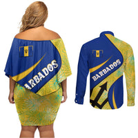 Barbados Flag Couples Matching Off Shoulder Short Dress and Long Sleeve Button Shirt Blue and Yellow with Trident and Tropical Leaf Pattern - Wonder Print Shop