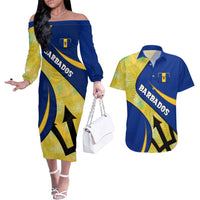 Barbados Flag Couples Matching Off The Shoulder Long Sleeve Dress and Hawaiian Shirt Blue and Yellow with Trident and Tropical Leaf Pattern - Wonder Print Shop