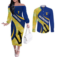 Barbados Flag Couples Matching Off The Shoulder Long Sleeve Dress and Long Sleeve Button Shirt Blue and Yellow with Trident and Tropical Leaf Pattern - Wonder Print Shop