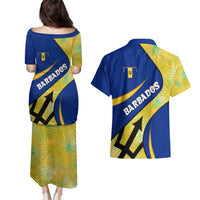 Barbados Flag Couples Matching Puletasi and Hawaiian Shirt Blue and Yellow with Trident and Tropical Leaf Pattern - Wonder Print Shop