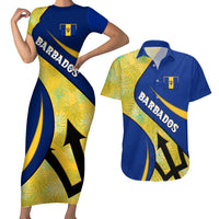 Barbados Flag Couples Matching Short Sleeve Bodycon Dress and Hawaiian Shirt Blue and Yellow with Trident and Tropical Leaf Pattern - Wonder Print Shop