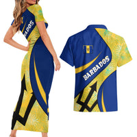 Barbados Flag Couples Matching Short Sleeve Bodycon Dress and Hawaiian Shirt Blue and Yellow with Trident and Tropical Leaf Pattern - Wonder Print Shop
