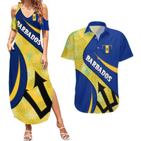 Barbados Flag Couples Matching Summer Maxi Dress and Hawaiian Shirt Blue and Yellow with Trident and Tropical Leaf Pattern - Wonder Print Shop