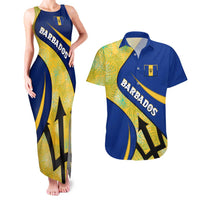 Barbados Flag Couples Matching Tank Maxi Dress and Hawaiian Shirt Blue and Yellow with Trident and Tropical Leaf Pattern - Wonder Print Shop