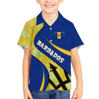 Barbados Flag Family Matching Long Sleeve Bodycon Dress and Hawaiian Shirt Blue and Yellow with Trident and Tropical Leaf Pattern - Wonder Print Shop