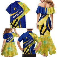 Barbados Flag Family Matching Mermaid Dress and Hawaiian Shirt Blue and Yellow with Trident and Tropical Leaf Pattern - Wonder Print Shop