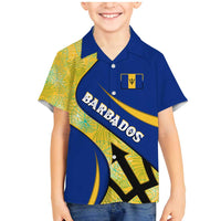 Barbados Flag Family Matching Mermaid Dress and Hawaiian Shirt Blue and Yellow with Trident and Tropical Leaf Pattern - Wonder Print Shop