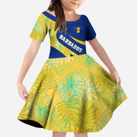 Barbados Flag Family Matching Off The Shoulder Long Sleeve Dress and Hawaiian Shirt Blue and Yellow with Trident and Tropical Leaf Pattern - Wonder Print Shop