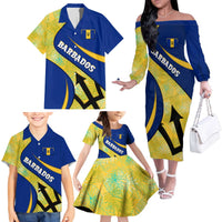 Barbados Flag Family Matching Off The Shoulder Long Sleeve Dress and Hawaiian Shirt Blue and Yellow with Trident and Tropical Leaf Pattern - Wonder Print Shop