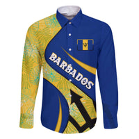 Barbados Flag Family Matching Off The Shoulder Long Sleeve Dress and Hawaiian Shirt Blue and Yellow with Trident and Tropical Leaf Pattern - Wonder Print Shop