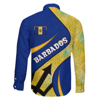 Barbados Flag Family Matching Off The Shoulder Long Sleeve Dress and Hawaiian Shirt Blue and Yellow with Trident and Tropical Leaf Pattern - Wonder Print Shop