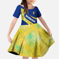 Barbados Flag Family Matching Off Shoulder Maxi Dress and Hawaiian Shirt Blue and Yellow with Trident and Tropical Leaf Pattern - Wonder Print Shop