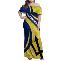 Barbados Flag Family Matching Off Shoulder Maxi Dress and Hawaiian Shirt Blue and Yellow with Trident and Tropical Leaf Pattern - Wonder Print Shop