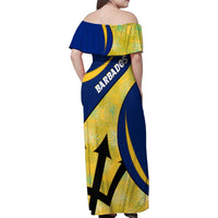 Barbados Flag Family Matching Off Shoulder Maxi Dress and Hawaiian Shirt Blue and Yellow with Trident and Tropical Leaf Pattern - Wonder Print Shop